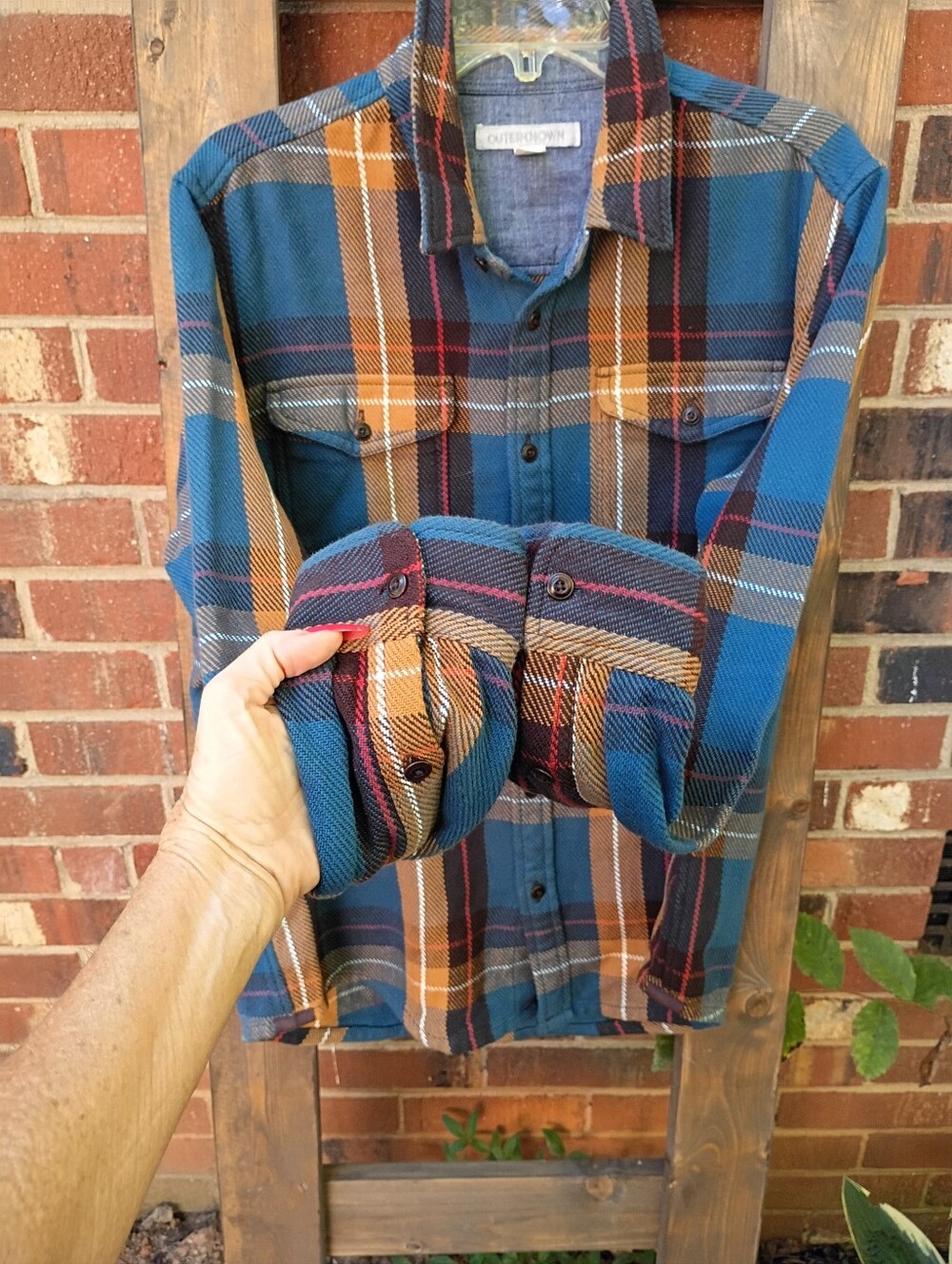 OUTERKNOWN SZ M UNISEX ORGANIC UOKE PLAID BLANKET LONG SLEEVE SHIRT LN